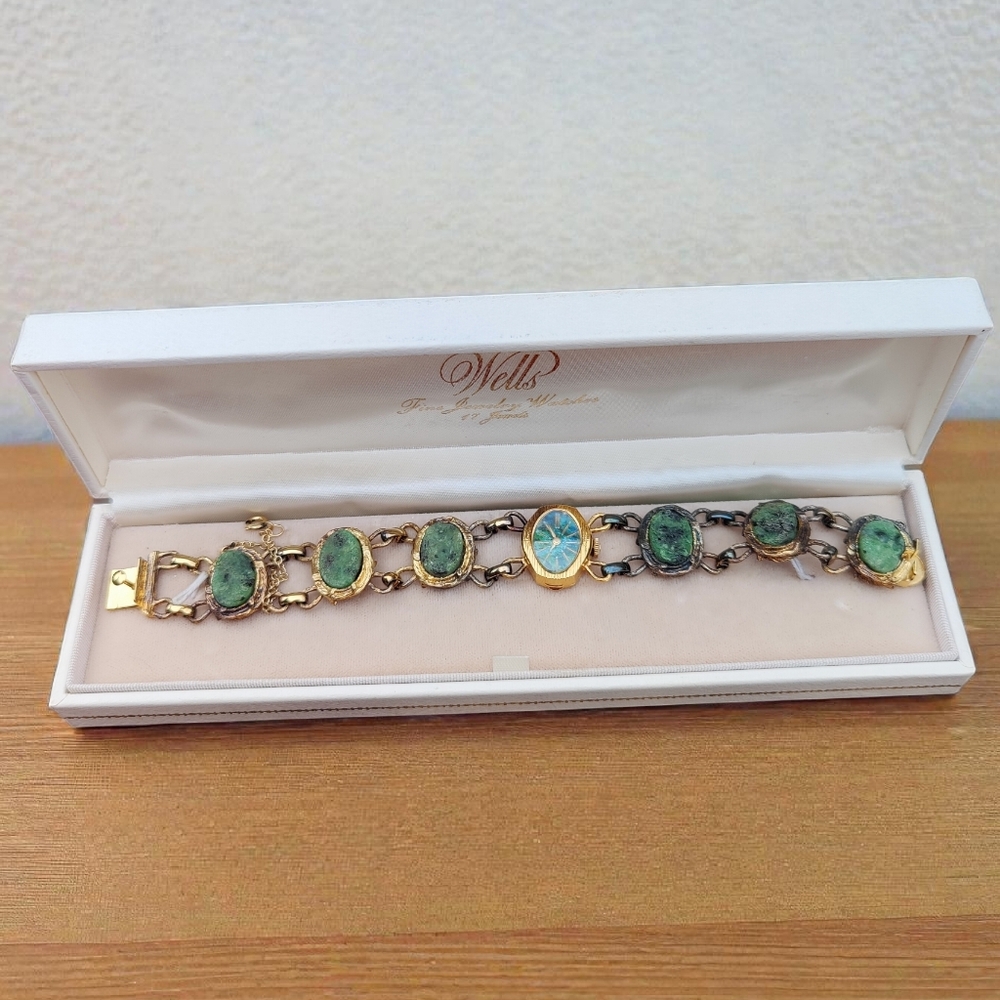 Antique 12K GF And Sterling Wells17 Jewels Chrysocolla Dial And Jade Watch - Picture 2 of 12